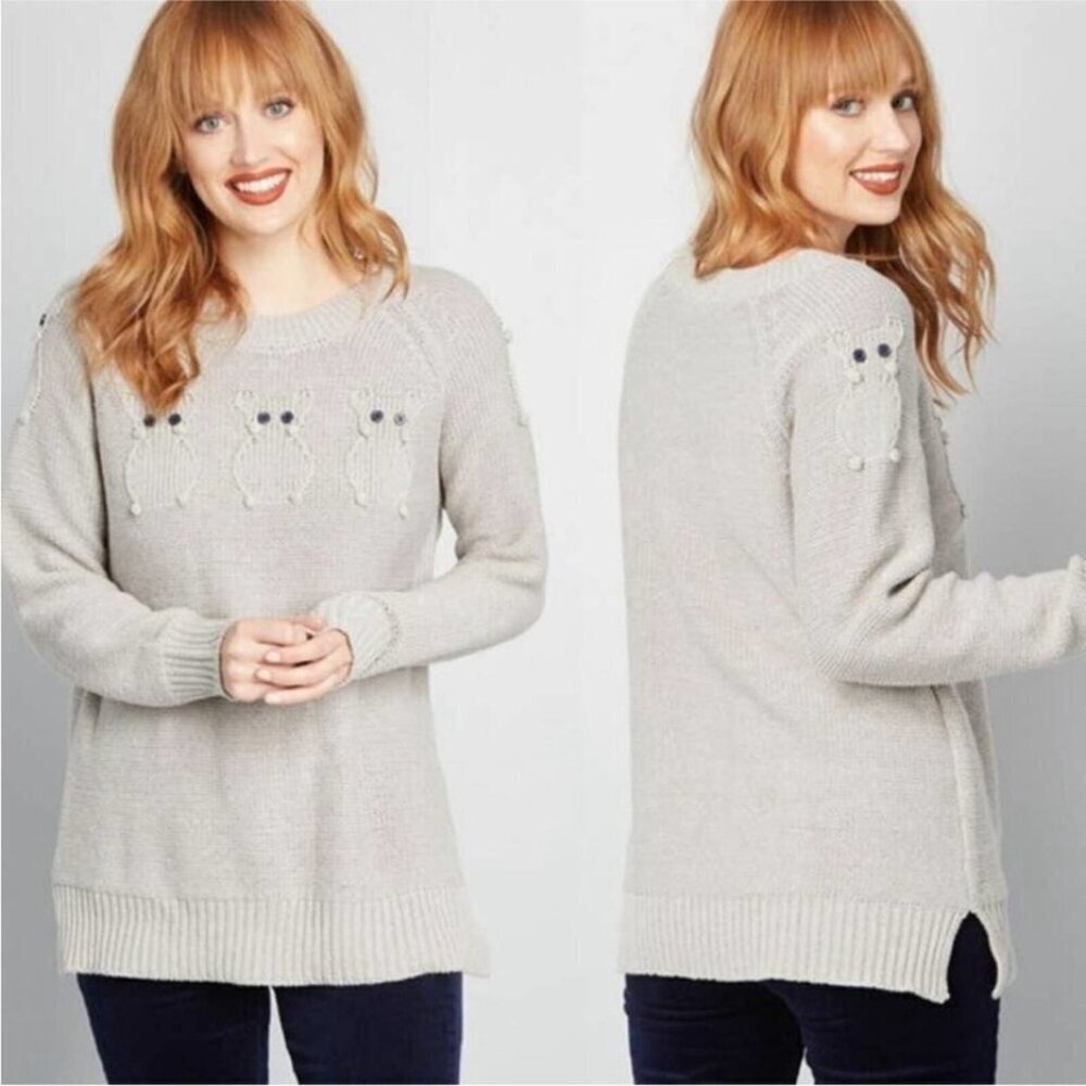 Modcloth Critter Credibility Sweater GRAY Ladies Whimsical Owl Knitted Small